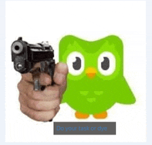 a person is pointing a gun at an owl with the words `` do your task or dye '' .