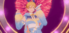 a 3d anime character is standing on a stage holding a microphone and a cheerleading pom pom .