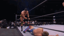 two men are wrestling in a ring with a crowd watching