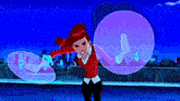 a cartoon character is blowing bubbles in the air while standing on a rooftop .
