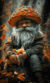 a man with a beard wearing a mushroom hat holds a small fox