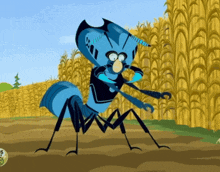 a cartoon ant is standing in front of a field of corn and a sign that says ' discovery ' on it