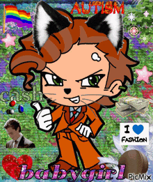 a cartoon of a cat in a suit and tie giving a thumbs up with the words babygirl in the corner