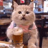 a cat is holding a glass of beer and sitting at a table .