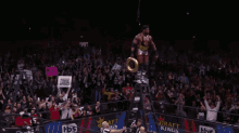 a wrestler is standing on a ladder holding a gold ring in front of a crowd that is cheering