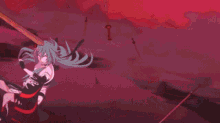 a girl with blue hair and red eyes is holding two swords in her hand .