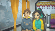 a pixel art drawing of a boy and a girl