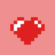 a pixelated red heart with white spots on a pink background