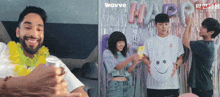 a man wearing a lei and a woman holding a smiley face in front of balloons that say wavve