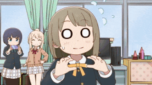 a girl with a big o on her face is making a heart with her hands