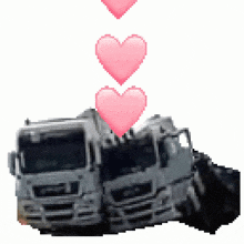 a pixel art of a man truck with three pink hearts coming out of it