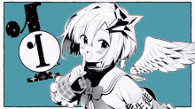 a black and white drawing of a girl with wings and the letter i in the background