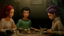 three cartoon characters are sitting at a table with food