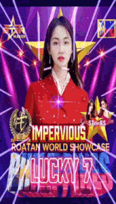a poster for the impervious roatan world showcase with a girl in a red jacket