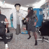 a cartoon of a man in a lab coat dancing with a man in a baseball cap .