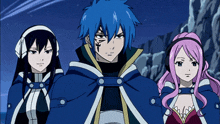 three anime characters standing next to each other with one wearing headphones