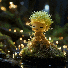 a tree with roots and leaves is sitting on a mossy rock