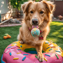 a dog is sitting on top of a donut with sprinkles