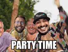 a group of men are posing for a picture with the words party time written below them