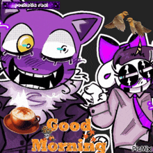 a purple cat and a white cat standing next to each other with a cup of coffee and the words good morning