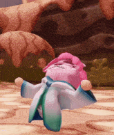 a cartoon character with pink hair and a blue and white robe