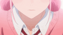 a girl with pink hair is wearing a pink sweater and tie