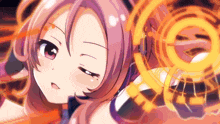 a girl with pink hair is surrounded by circles