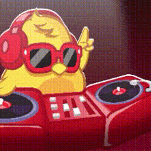 a cartoon chicken wearing headphones and sunglasses is playing music on a red mixer