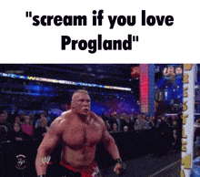 a picture of a wrestler with the words " scream if you love progland " above him