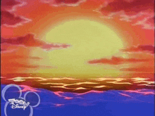 a cartoon of a sunset over the ocean with a disney logo
