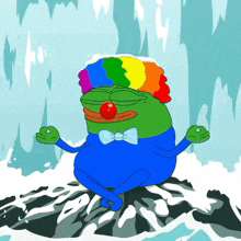 a cartoon frog with a rainbow wig and a red nose is sitting on a rock