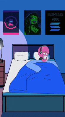 a cartoon drawing of a person laying in bed with a sign that says i have no sol