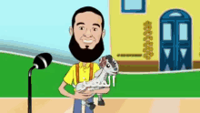 a cartoon of a man with a beard holding a goat in front of a microphone .