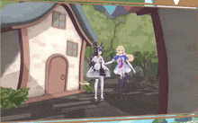 two anime girls standing in front of a house