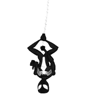 a black and white drawing of a spiderman hanging upside down from a rope .