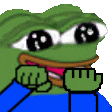 a pixel art of a frog with big eyes and a blue shirt .