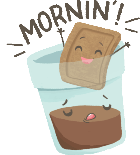Biscuit Happily Jumps On A Sleeping Chai, Saying "Mornin'" Sticker - Chai And Biscuit Chocolate Drink Choco Drink Stickers