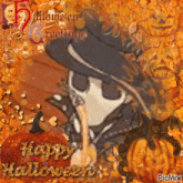 a halloween greeting card with a picture of a skull and pumpkins