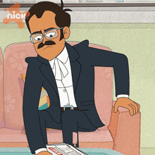 a cartoon of a man sitting on a couch reading a newspaper with a nick logo