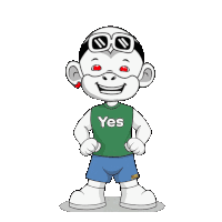 a cartoon character is wearing a green yes shirt
