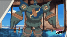 a cartoon character from cn-d stands in front of columns