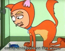 a cartoon of a cat with the words candy wrappers on the meow above it