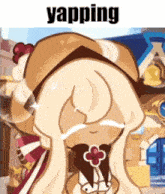 a cartoon character with a hat and a flower on her head is crying .