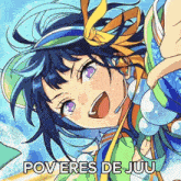 a picture of a girl with purple eyes and the words " pov eres de juu "
