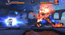 a screenshot of a video game with captain britain fighting a monster