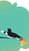 a black bird with a yellow beak is sitting on a green branch