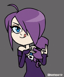 a cartoon drawing of a girl with purple hair and blue eyes by nsfkhu17