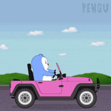 a cartoon penguin is driving a pink car