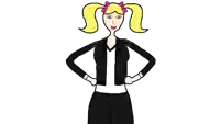 a cartoon of a woman with pigtails and a black jacket