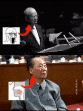 a black and white photo of a man giving a speech next to a picture of a man with glasses